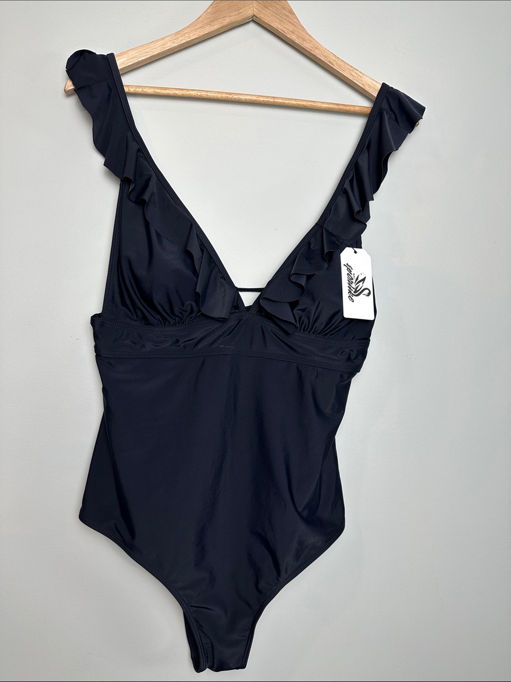 Sporlike Ruffle V-Neck One-Piece Swimsuit in Black tie back adjustable New